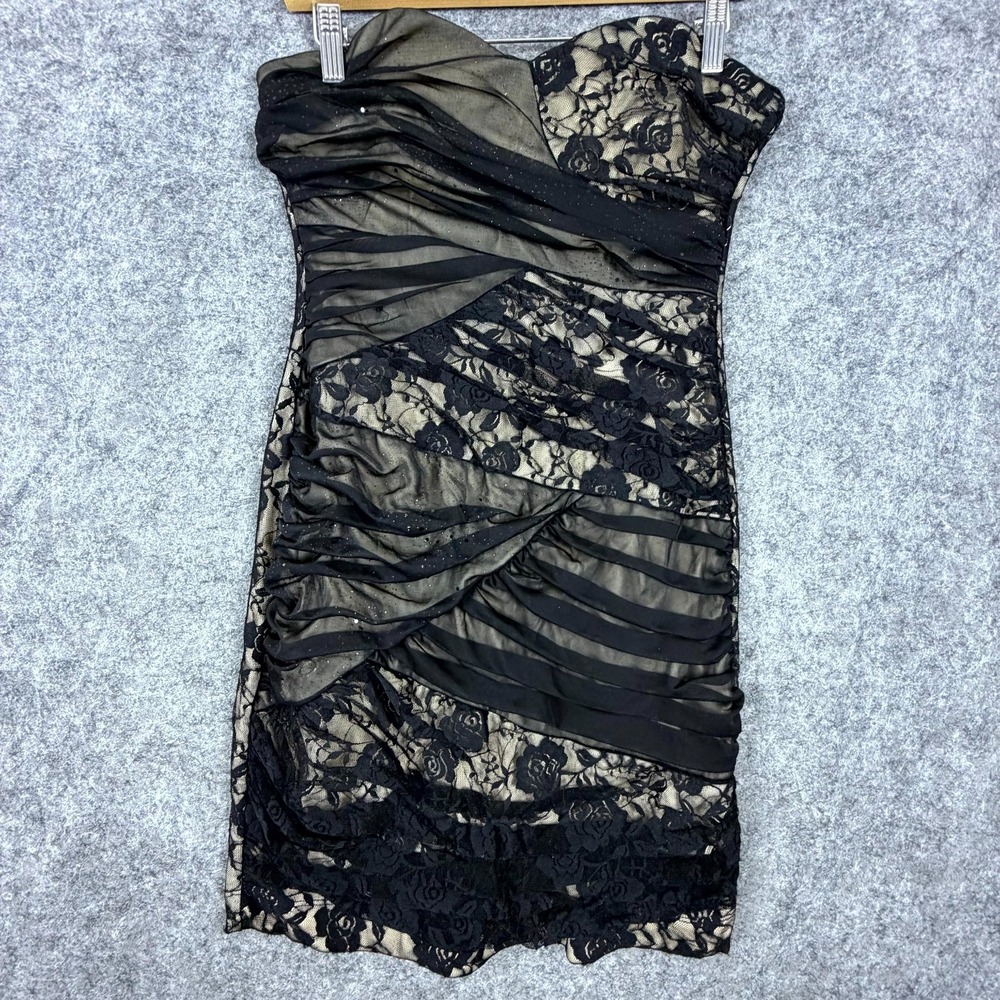 Bailey Blue Strapless Mini Dress Womens Medium Black Tan Lace Floral Cocktail